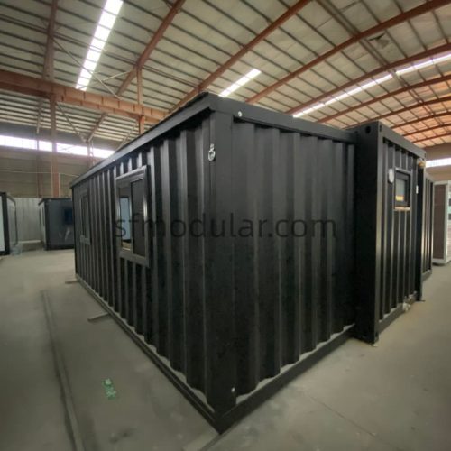 SUNFINE matte black 20ft hurricane expandable container house featuring heavy-duty corrugated steel walls for maximum storm protection and durability.